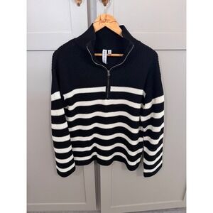 Grace + Karma Womens Black White Striped Quarter Zip Sweater Ribbed Knit Medium